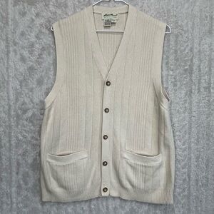 Eddie Bauer Boho Cream Rib Knit Sweater Vest Button Up Prep Sz S Front Pockets